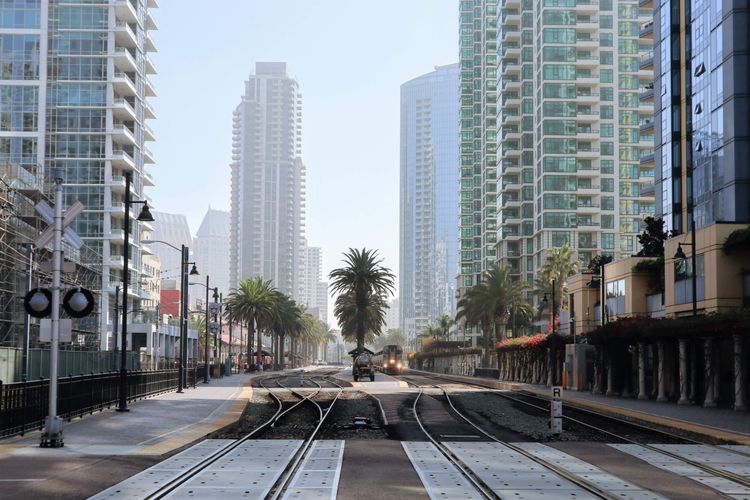 View of train tracks surrounded by palm trees and high-rise condos